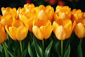 Obraz premium Many yellow tulips with green leaves are grouped together in a garden.
