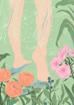 beautiful tender blossoming of fresh orange peonies and pink musk mallow wildflowers a girl walking barefoot in nature during the spring summer season self love wellbeing grounding me time meditation