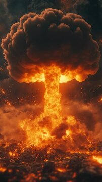 A powerful explosion creates a large mushroom cloud as flames and smoke engulf the desolate terrain at dusk