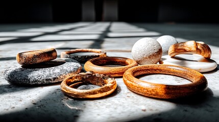 The photo depicts various rings, wooden and stony spheres scattered across a surface. The backdrop shows illumination patterns.