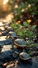 Obraz premium Turtle Family Crossing Weathered Road with Sprouting Greenery