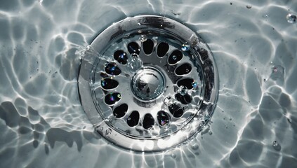 Macro view of water swirling into sink drain in high contrast: reflection and flow concepts for design inspiration