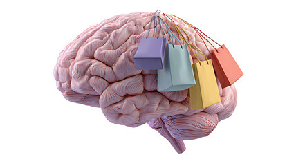 Brain and Shopping Bags: A Conceptual Image of Consumerism. Cerveau et shopping, A 3D model of a brain with colorful shopping bags attached, set against a plain white background.
