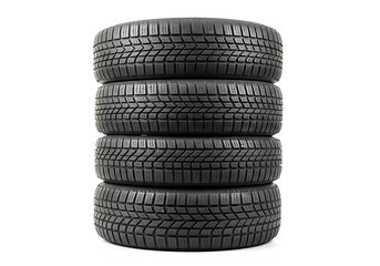 Stack of Four Winter Tires Against a White Background