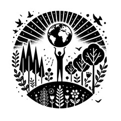 Earth Day Black and White Silhouette of Person Holding Planet with Nature Elements