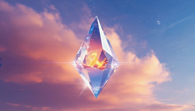 Mythical dragon tear crystallizing into rare gemstone against a breathtaking sky