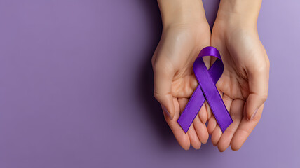 World Alzheimer's day. September 21. International Epilepsy Day. Adult hands holding purple ribbon on purple background. World Lupus Day and world cancer , 