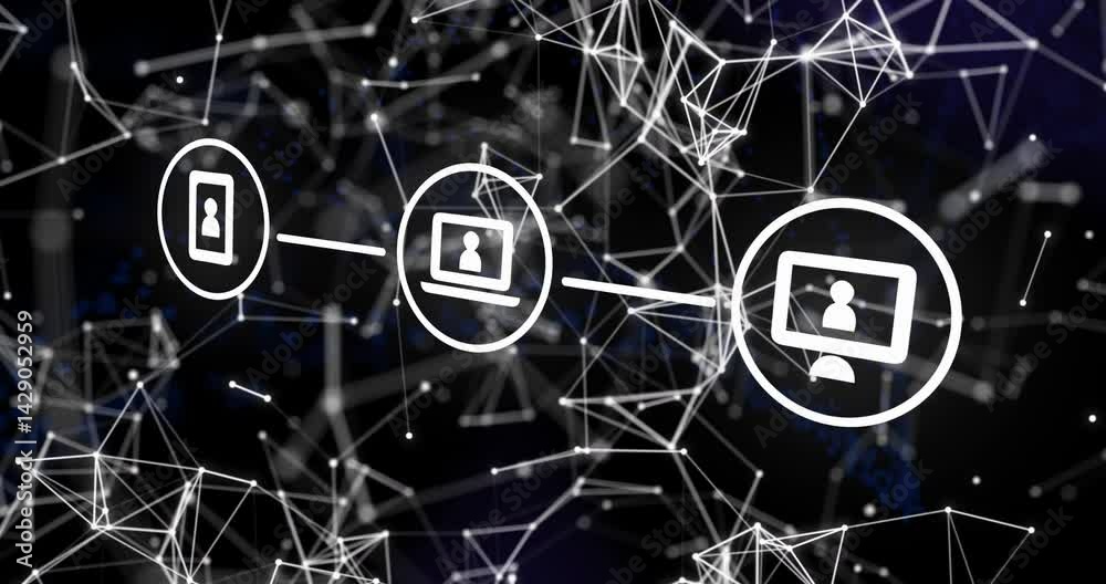 Poster digital network being displayed with smartphone laptop desktop icons linking through nodes