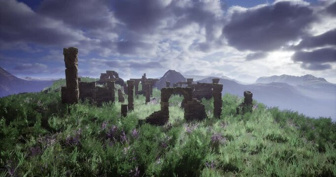 Ancient stone ruins are surrounded by vibrant green grass and wildflowers, set in a picturesque valley under a cloudy sky that hints at an approaching storm.