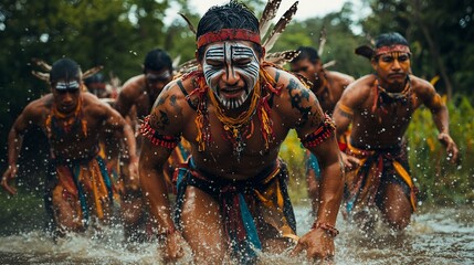 Indigenous tribe ritualistic crossing conveys strength of culture and tradition