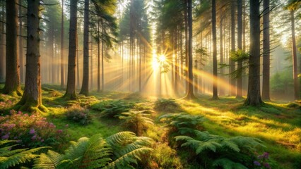Fototapeta premium Golden Sunlight Streams Through a Misty Forest, Illuminating Lush Greenery and Delicate Wildflowers