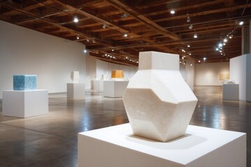 minimalist art exhibition hall with scattered abstract sculptures clean walls and ample copy space
