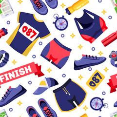 Fototapeta premium Sport gym clothes, shoe and fitness accessories. Marathon running seamless pattern. Vector flat cartoon illustration
