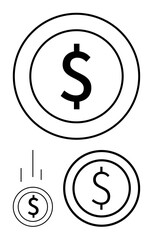 Dollar sign inside circular coins with varied perspectives and motion lines. Ideal for money, finance, banking, savings, investment, economy, payment, simple landing page