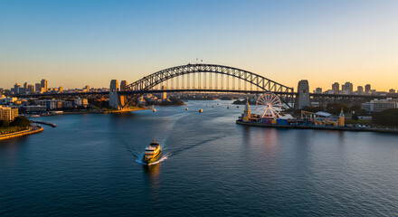 Obraz premium Aerial View of Sydney Harbour Bridge at Sunset with Clear Blue Sky and Sparkling Water Reflecting the Evening Light