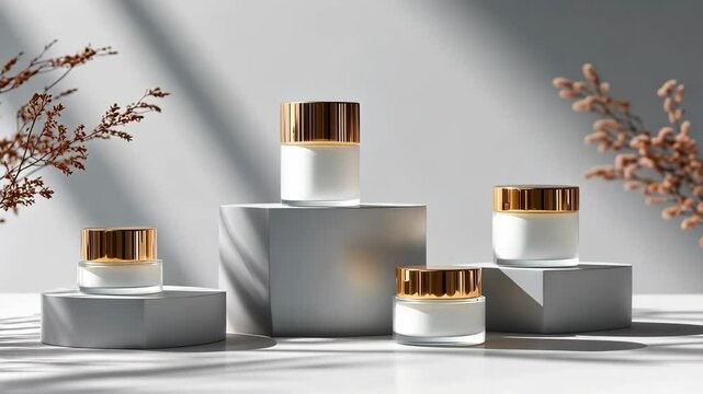 White frosted glass cosmetic bottles with golden caps, placed on podiums of different heights. v2