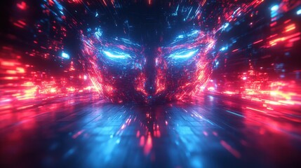Abstract Digital Face Neon Lights Cyberpunk AI Artificial Intelligence Red Blue Energy