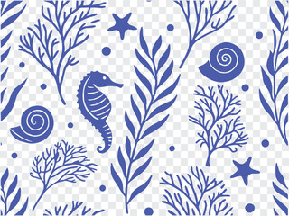 Underwater sea life pattern with seahorse, starfish, coral, and shells in hand-drawn blue silhouette style, ideal for ocean-themed design, textile, wallpaper, or summer creative projects.  © Sk