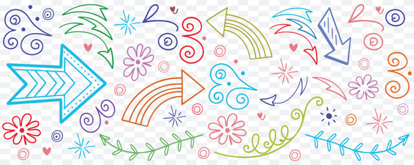 Colorful hand-drawn doodle arrows and swirls with flowers, hearts, and design accents, ideal for playful backgrounds, scrapbooking, invitations, creative templates, or whimsical artwork.