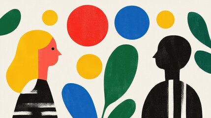 Two abstract figures face each other amidst colorful circles and leaves, conveying a sense of connection and interaction in a vibrant, artistic style.