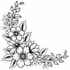 This is a beautiful black and white floral corner design featuring detailed, blooming flowers with elegant leaves and buds. It's likely used for:

Decorative frames or borders

Wedding invitations or 