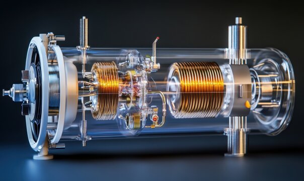 Transparent klystron tube cutaway, electronics, technology, science, research, background, industrial, innovation