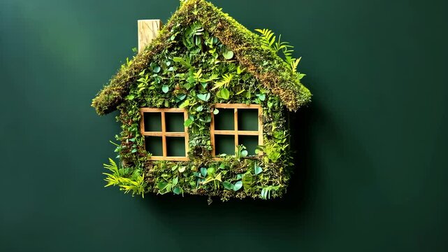 A green house made of grass, wood, and plants on a solid color background. v1