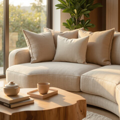 Cozy sofa with soft cushions, warm sunlight, and wooden coffee table creates serene living space