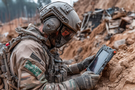 Soldier using tablet in desert camouflage uniform with military gear beside dusty armored vehicle during sunset in a desert landscape.
