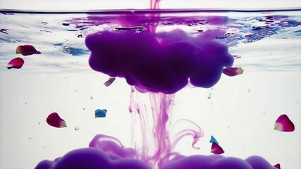 Underwater violet and pink acrylic ink explosion rose petals, petal smoke shapes. macro slow-motion backlit illumination, loop seamlessly. Inspired by pink smoke stock clips - Powered by Adobe