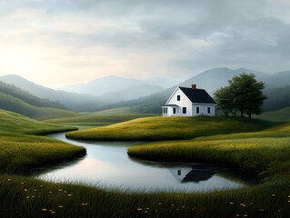 Fototapeta premium An impressionistic depiction of a tranquil pastoral countryside with a charming two story farmhouse nestled amongst gently rolling hills a meandering stream reflecting the azure sky