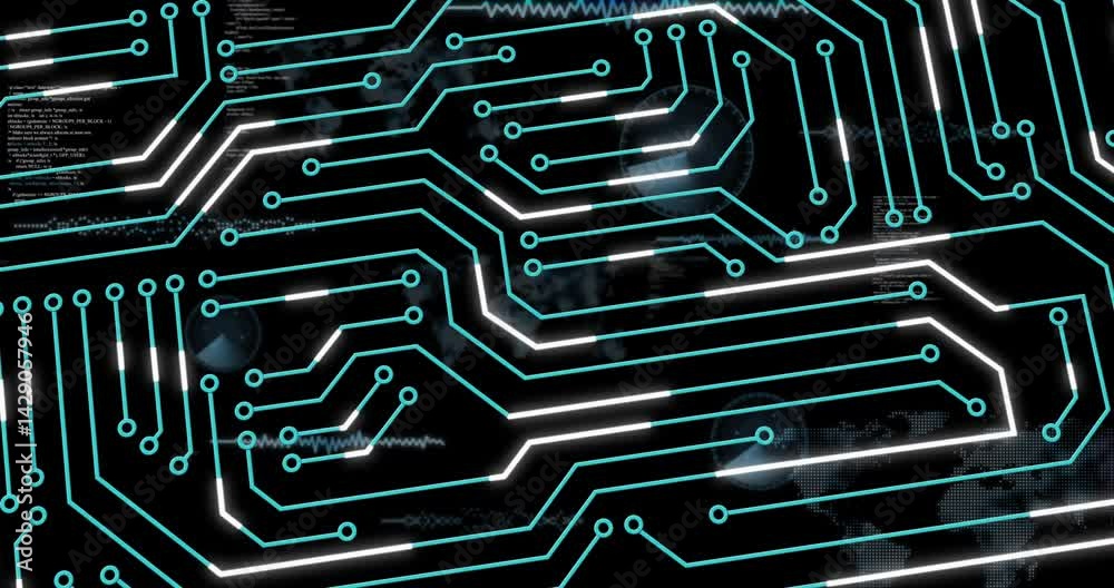 Poster visualizing glowing turquoise and white circuit grid spanning screen showing code and hud overlays