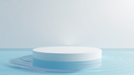 Floating Podium with Water Cascade Feature Flowing into Surrounding Clear Water