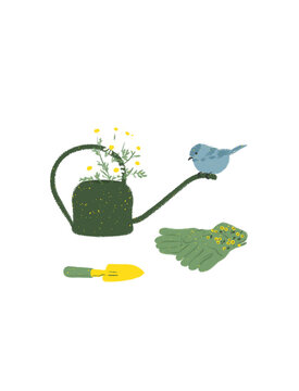 gardening for mind body & soul gardening tools with watering can gloves daisies flowers robin bird beautiful spring summer time growing season nature zen garden meditation me time wellbeing png