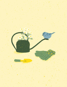 gardening for mind body & soul gardening tools with watering can gloves daisies flowers robin bird beautiful spring summer time growing season nature zen garden meditation me time wellbeing self love 