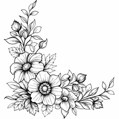 This is a beautiful black and white floral corner design featuring detailed, blooming flowers with elegant leaves and buds. It's likely used for:

Decorative frames or borders

Wedding invitations or 