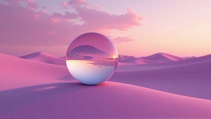 Floating Glass Orb Reflecting Distorted Desert Sunset Over Rippling Pink Sand Dunes
