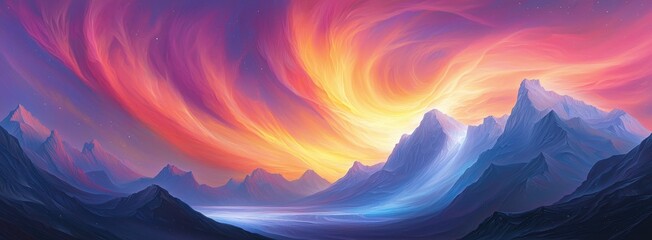 A vibrant landscape painting featuring swirling clouds and majestic mountains under a colorful sky at sunset.