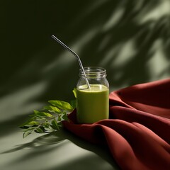 Refreshing Green Smoothie in Mason Jar with Metal Straw Healthy Drink Concept