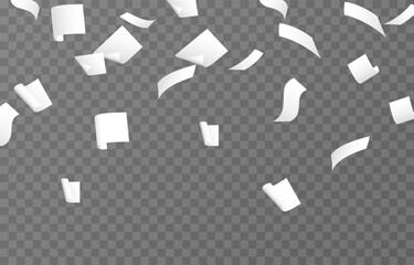 Vector falling sheets of paper png. Flying pages of documents on transparent background. Office sheets of paper png.