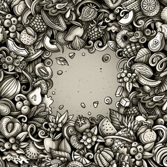 Fresh Fruits cartoon vector doodles frame illustration. Nature food elements and objects background. Monochrome funny picture. All items are separated