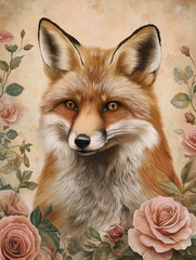 Fototapeta premium Portrait of fox in vintage style