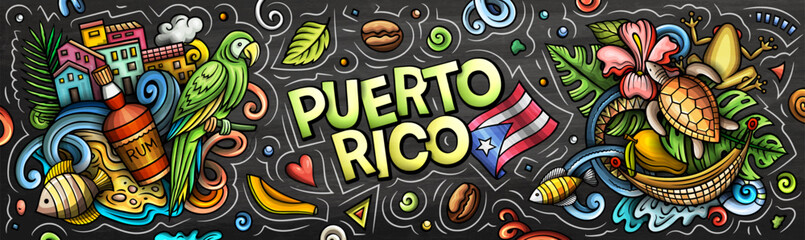 Puerto Rico cartoon doodle vector color banner chalkboard design. Funny Puerto Rican whimsical illustration. Caribbean tropical elements in a vibrant, playful style