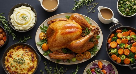Flat lay of holiday dinner with roasted turkey and festive sides