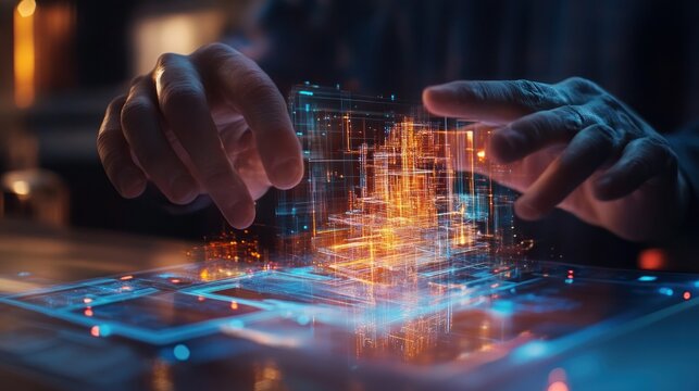 Man manipulating digital data cube on dark table