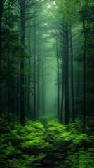 Obraz premium Misty green forest path with tall trees and ferns