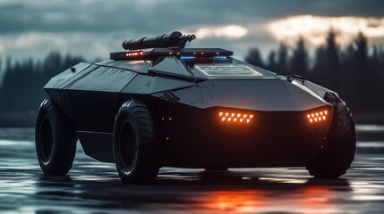 Armored vehicle sunset patrol dark tarmac