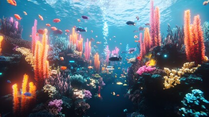 Vibrant coral reef underwater scene, fish swimming, bubbles rising, ocean background, marine life
