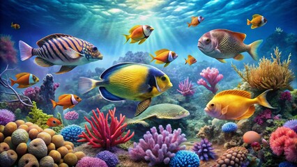 Naklejka premium Vibrant Underwater Scene Featuring a Diverse Array of Colorful Fish and Lush Coral Reefs