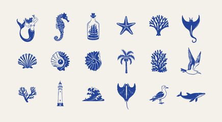 Collection of ocean and sea-themed vector illustrations. Includes waves, marine animals, shells, boats, and underwater elements. Perfect for summer designs and nature projects. © KozyPlace